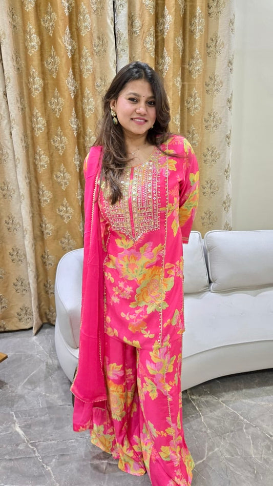 Pink Floral Sharara Set