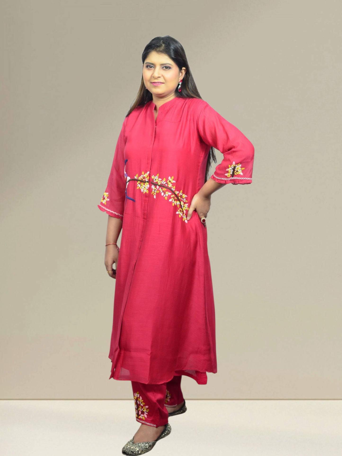 Crimson Bloom Bird Embroidered Kurta Set