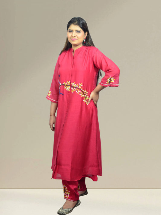 Crimson Bloom Bird Embroidered Kurta Set
