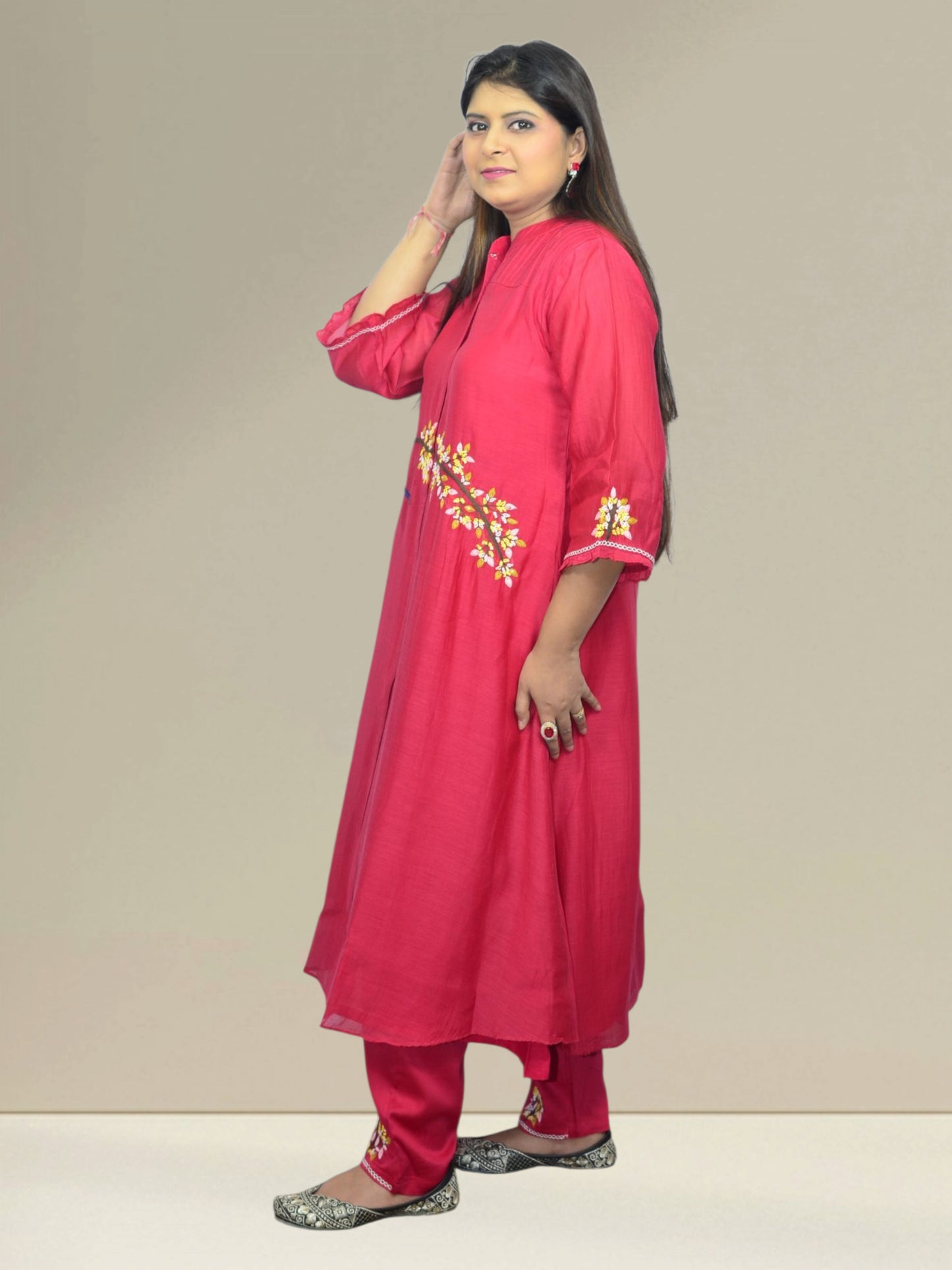 Crimson Bloom Bird Embroidered Kurta Set