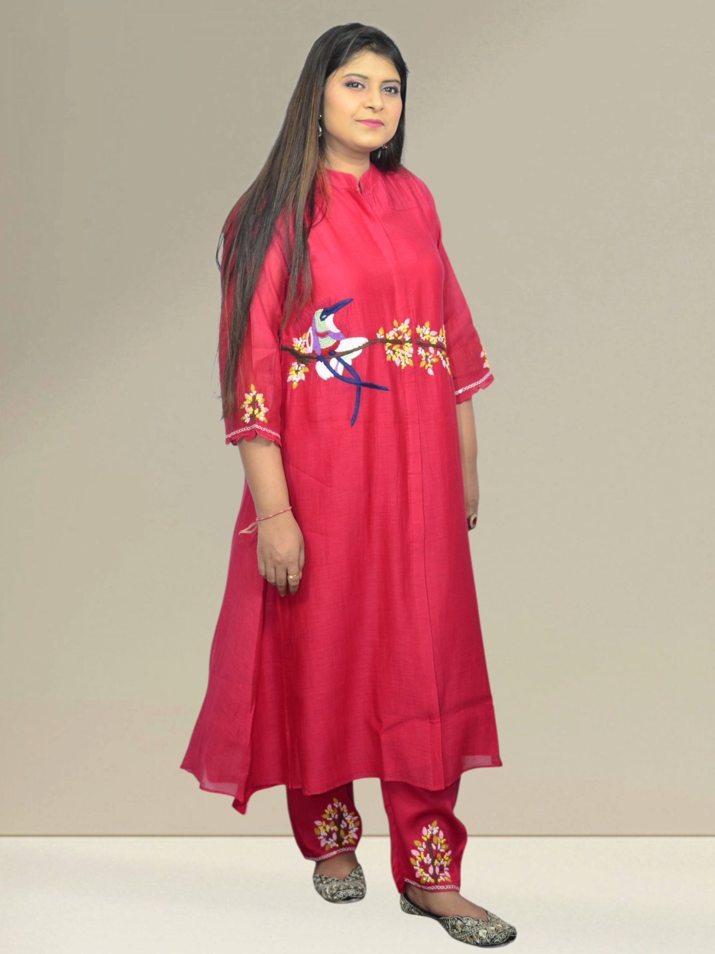 Crimson Bloom Bird Embroidered Kurta Set
