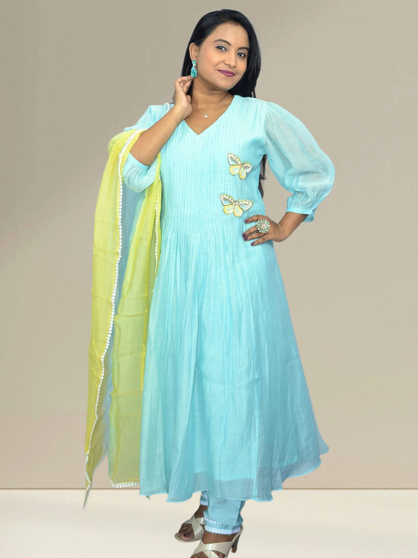 Blue Mul Chanderi Butterfly Kurti Set