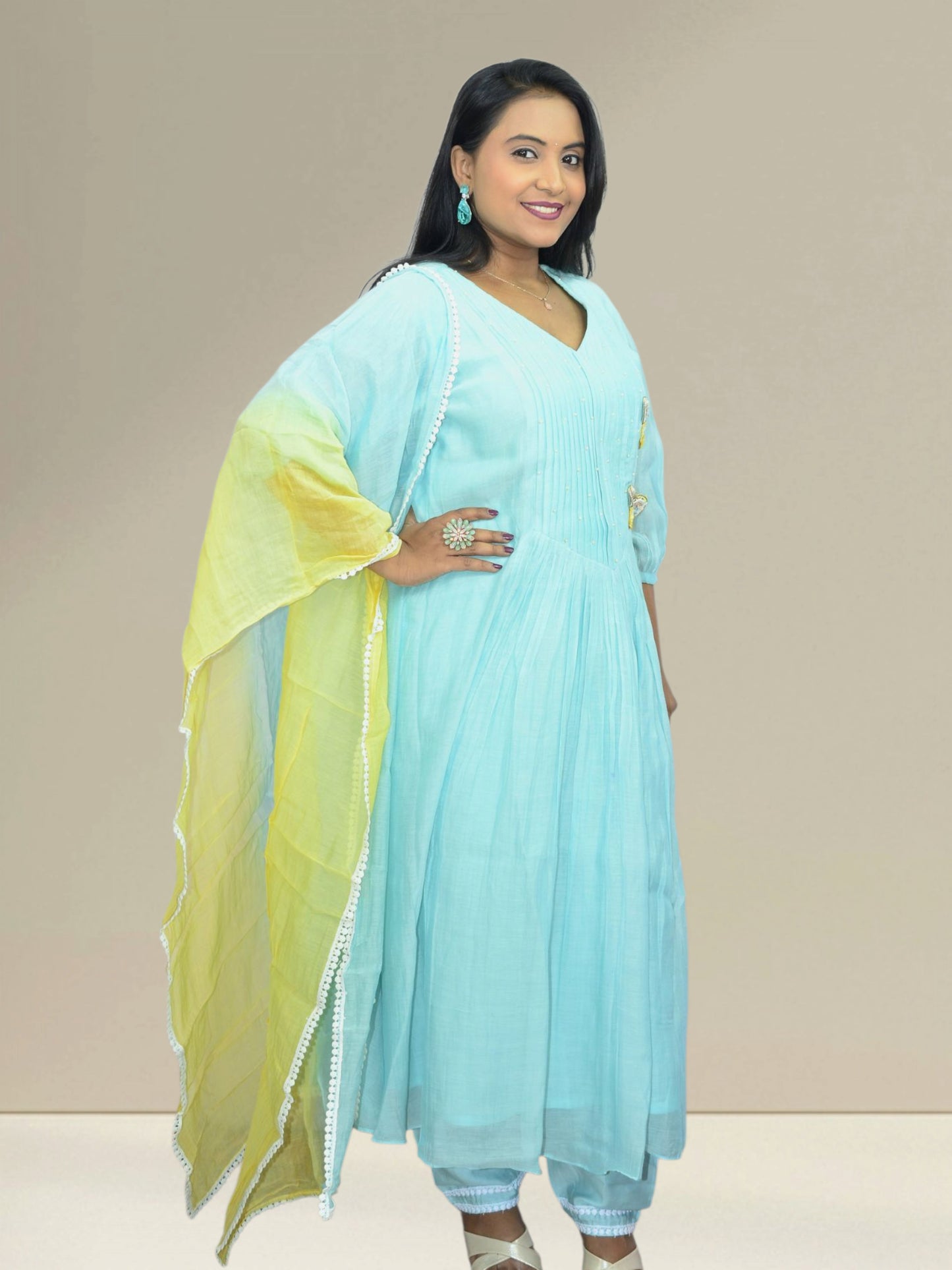 Blue Mul Chanderi Butterfly Kurti Set