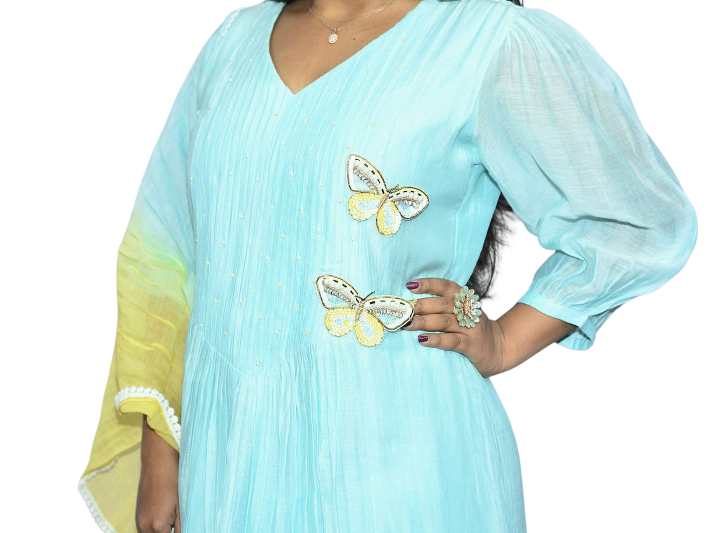 Blue Mul Chanderi Butterfly Kurti Set