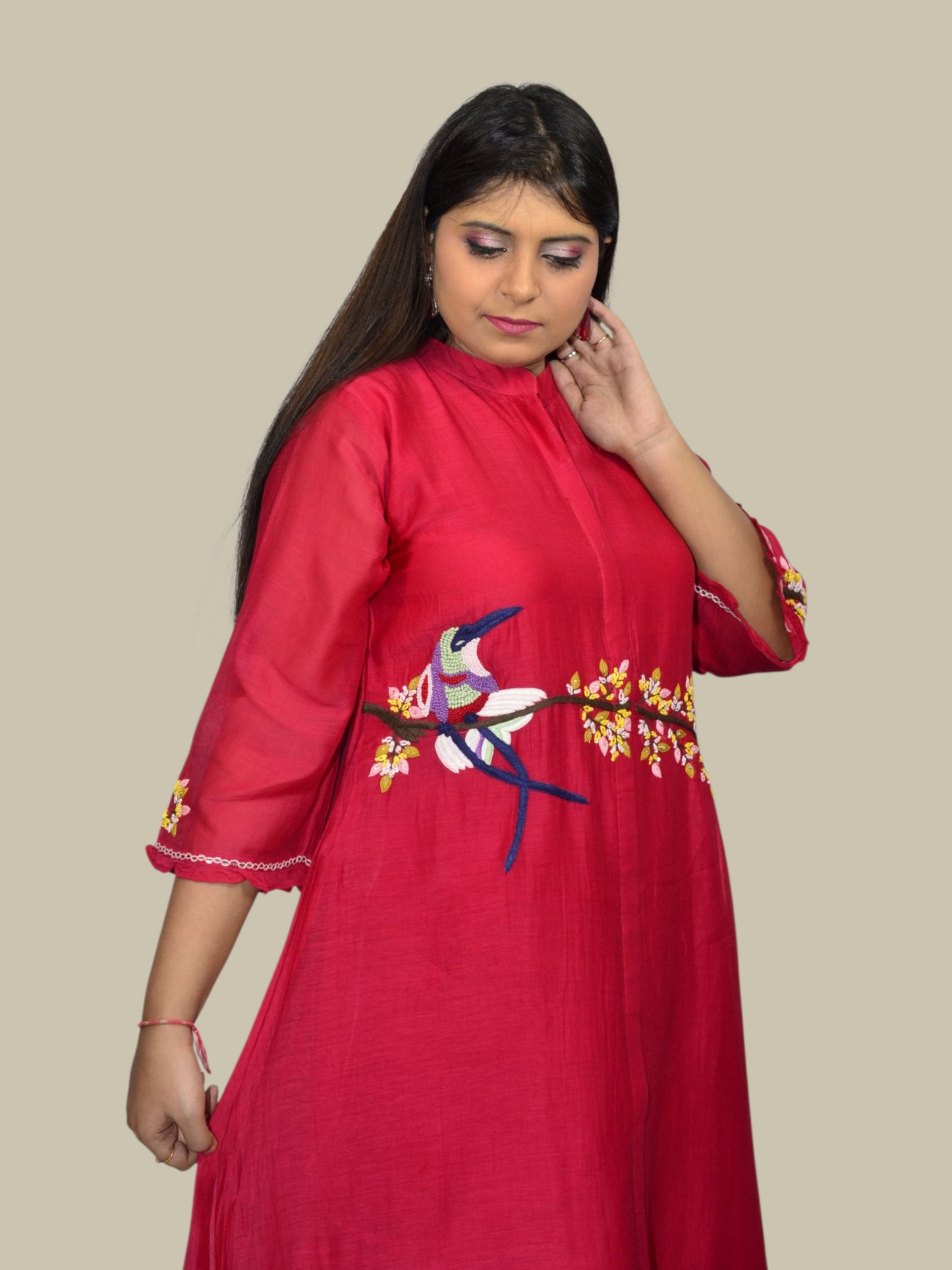 Crimson Bloom Bird Embroidered Kurta Set