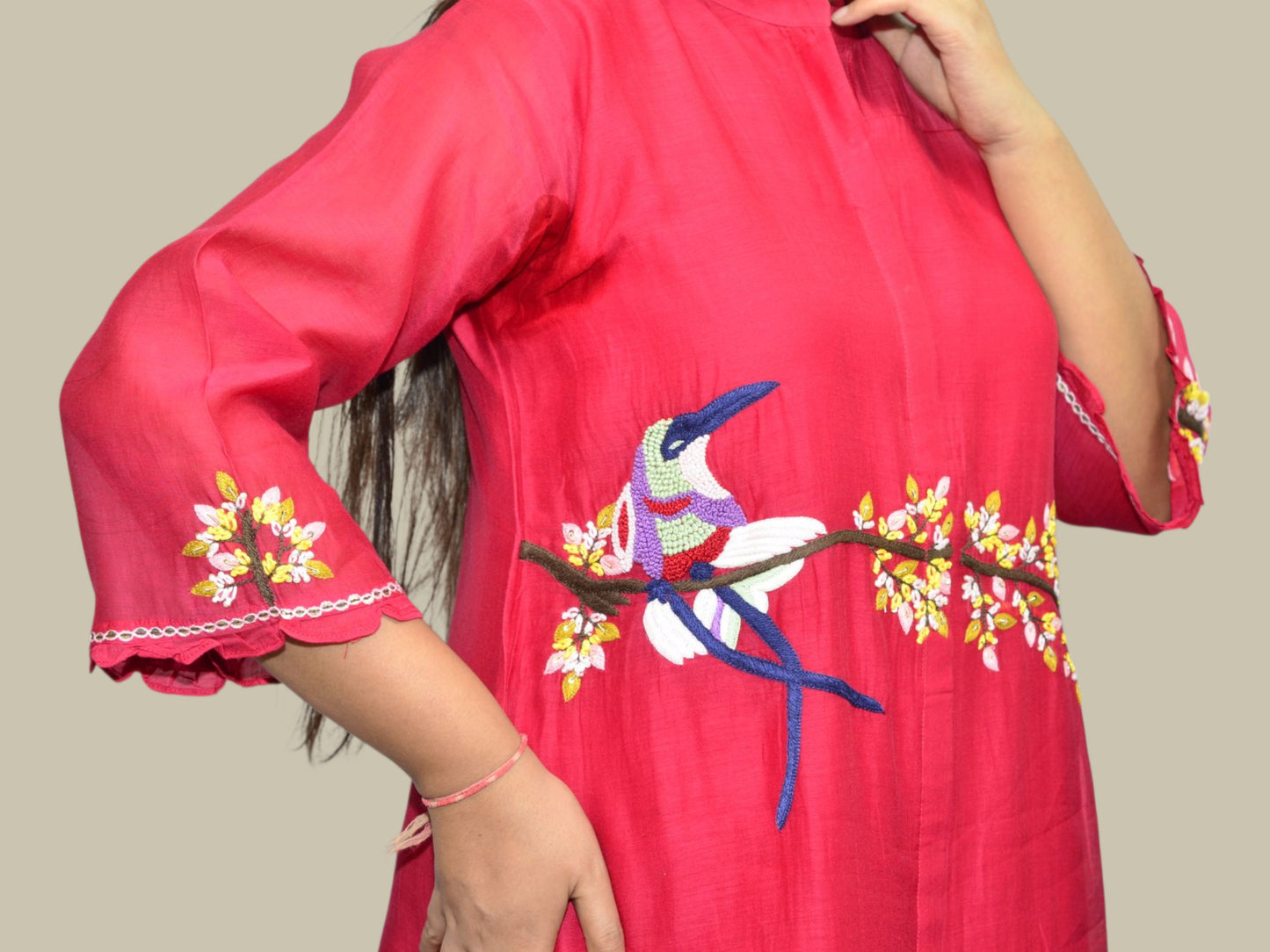 Crimson Bloom Bird Embroidered Kurta Set