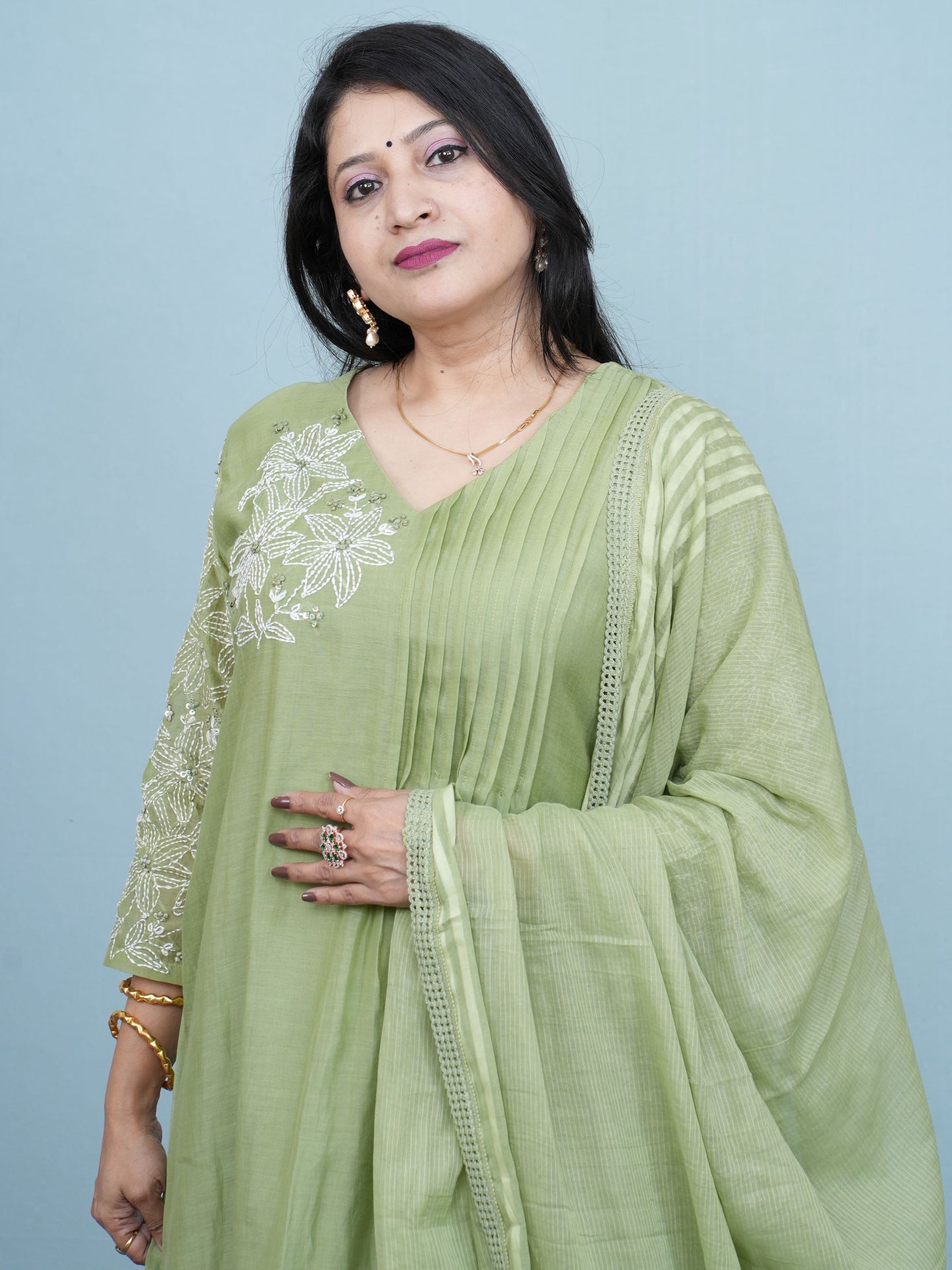 Sage Green Floral Embroidered Suit Set