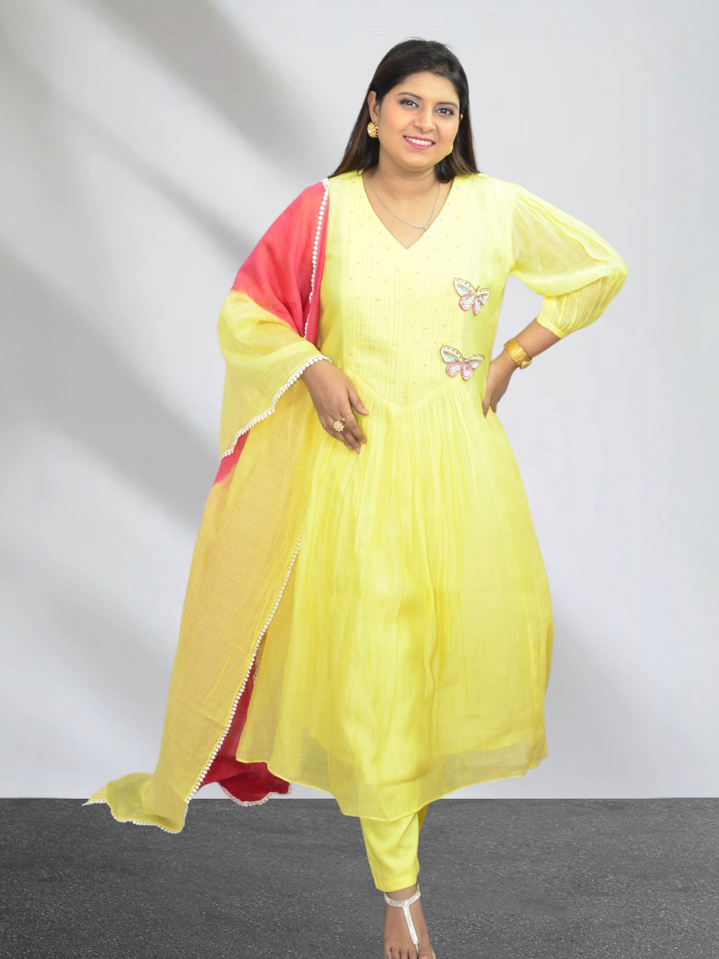 Yellow  Mul Chanderi Butterfly Suit