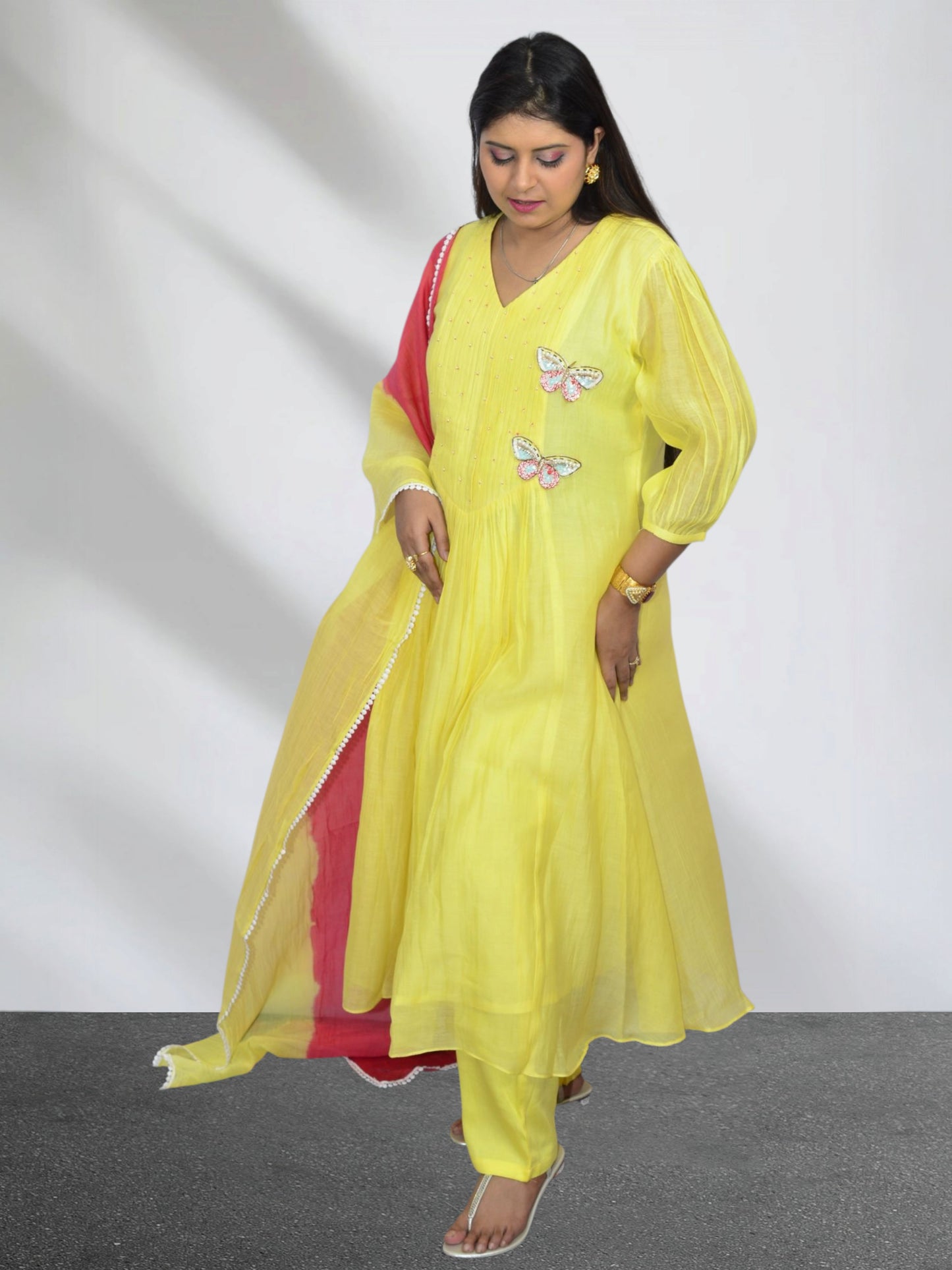 Yellow  Mul Chanderi Butterfly Suit
