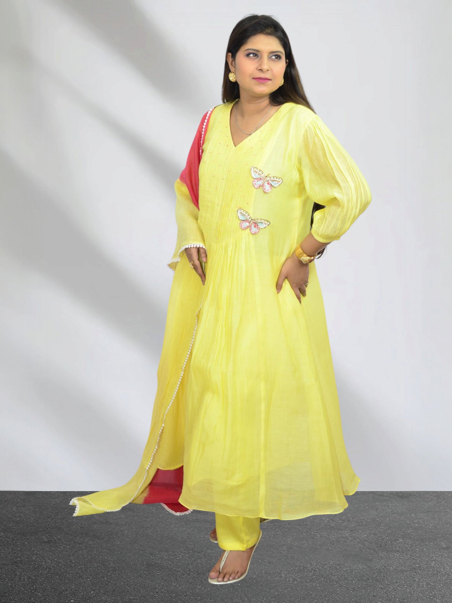Yellow  Mul Chanderi Butterfly Suit