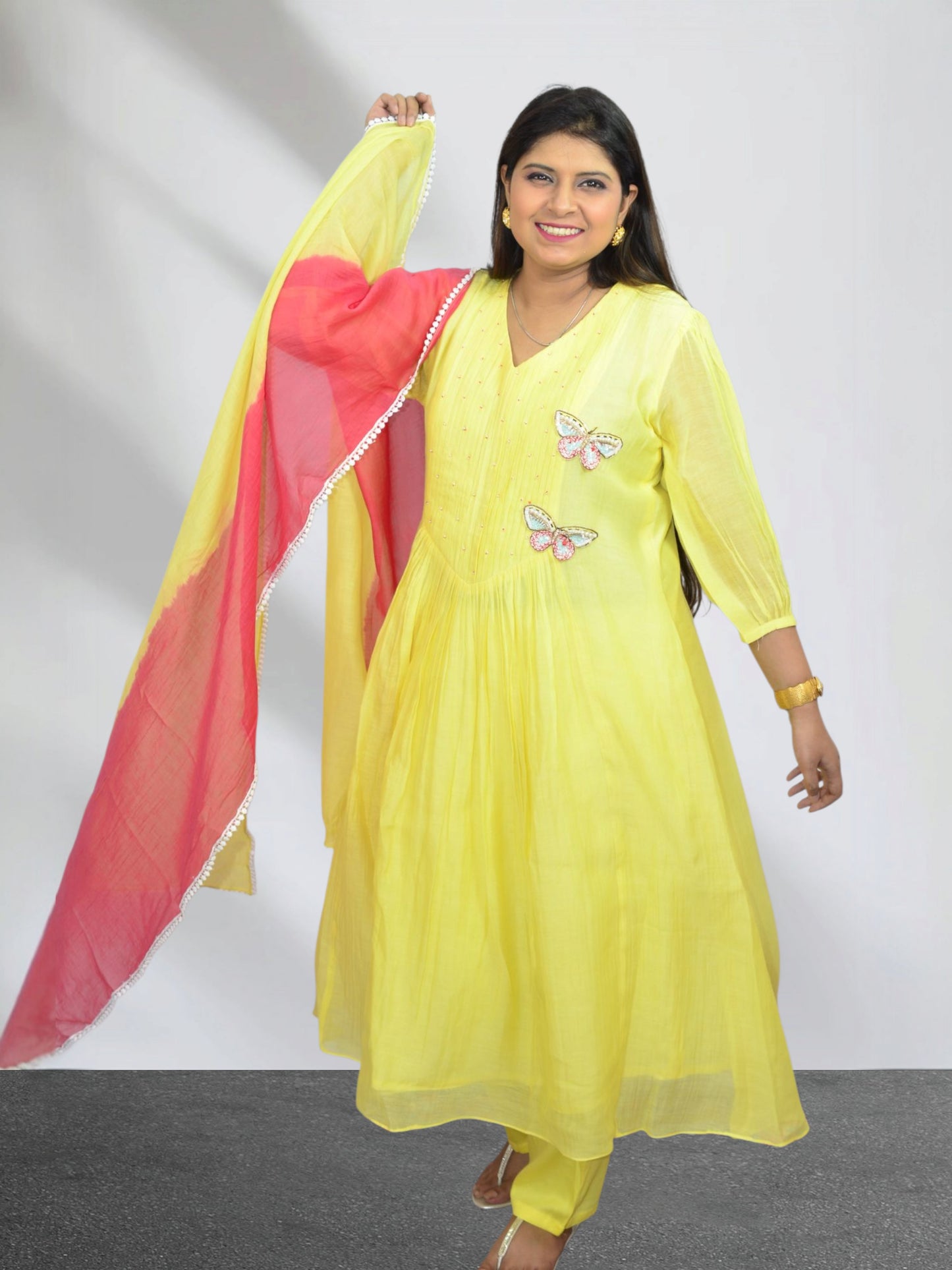 Yellow  Mul Chanderi Butterfly Suit