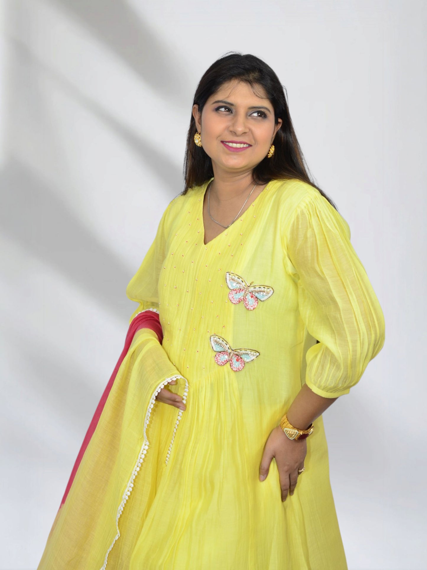 Yellow  Mul Chanderi Butterfly Suit