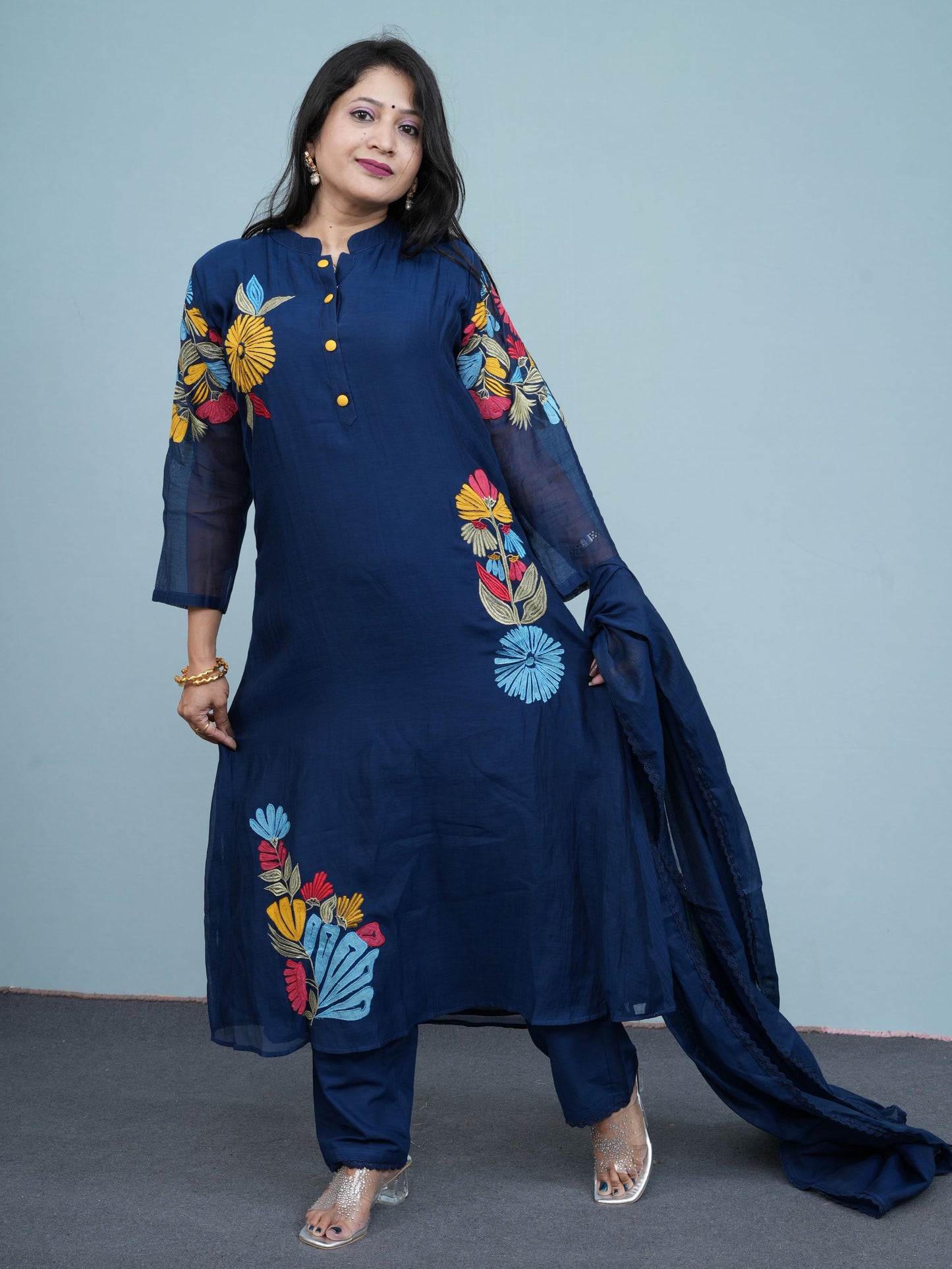 Blue Floral Burst Embroidered Set