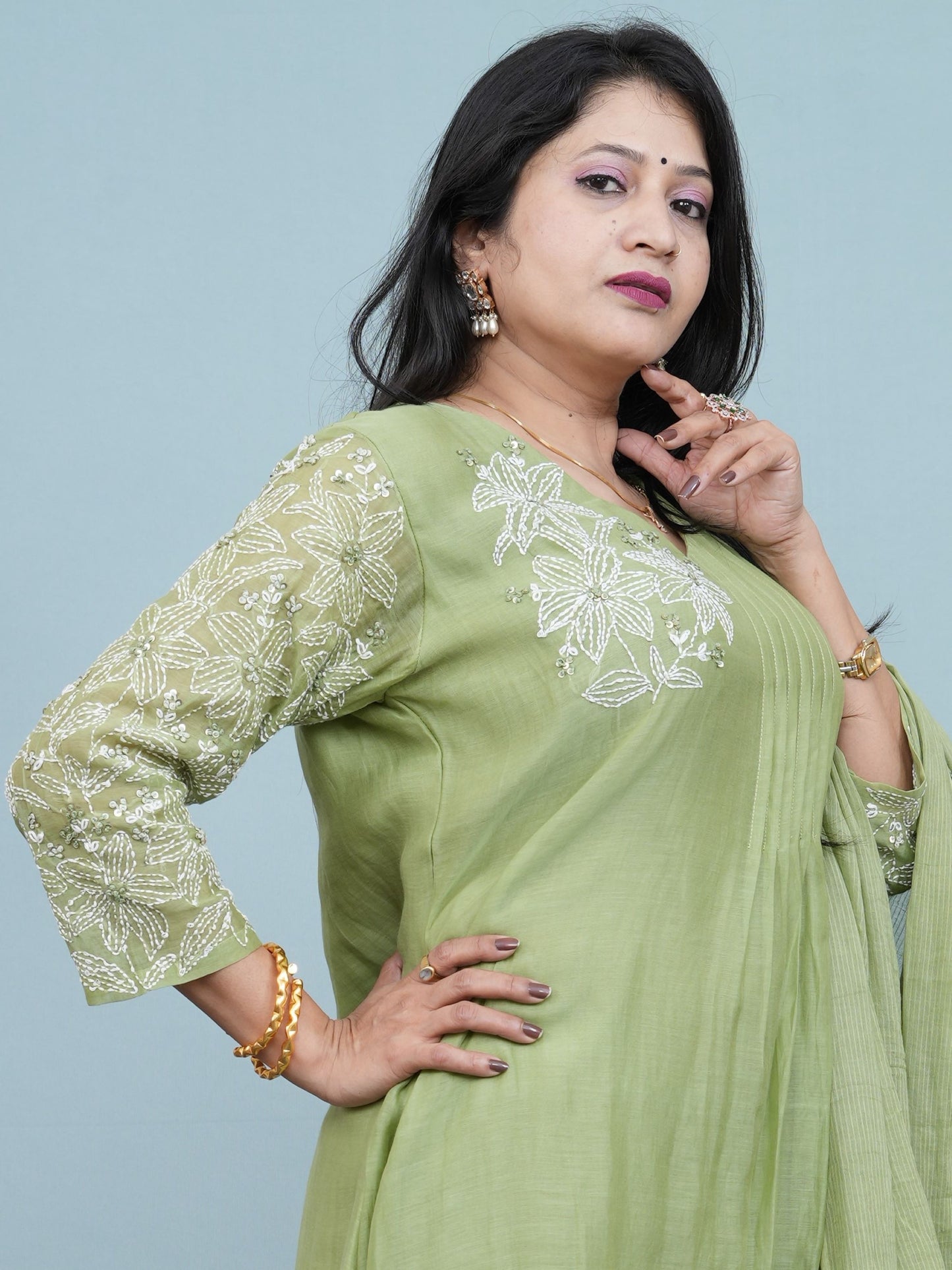 Sage Green Floral Embroidered Suit Set