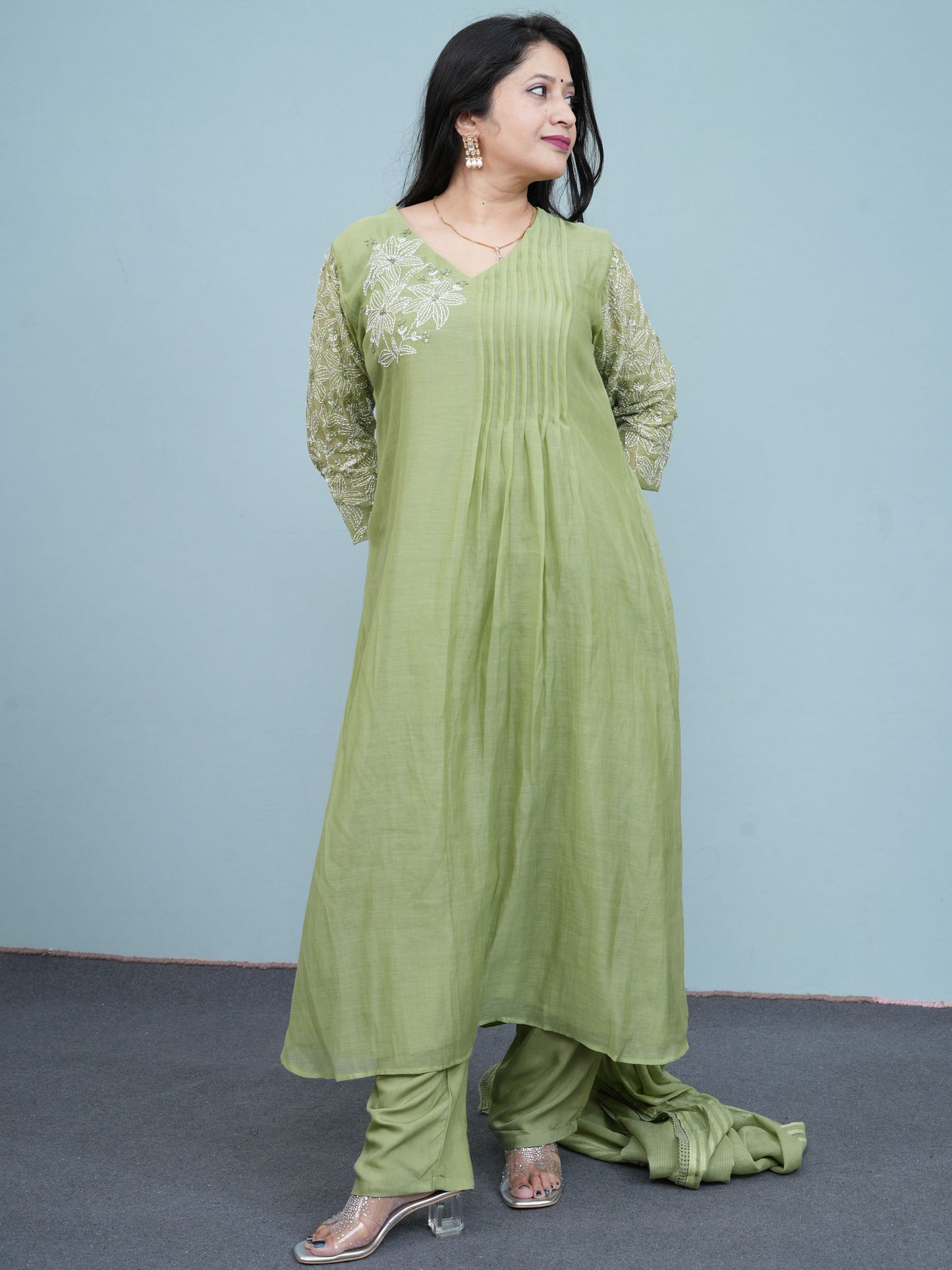 Sage Green Floral Embroidered Suit Set