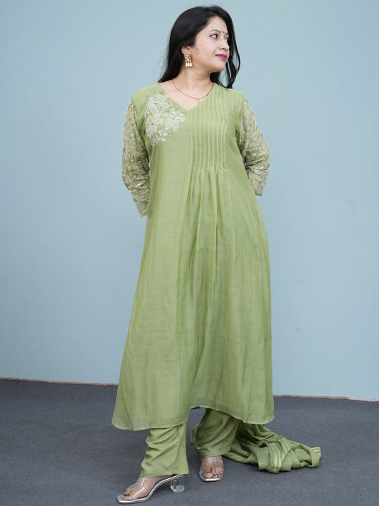 Sage Green Floral Embroidered Suit Set