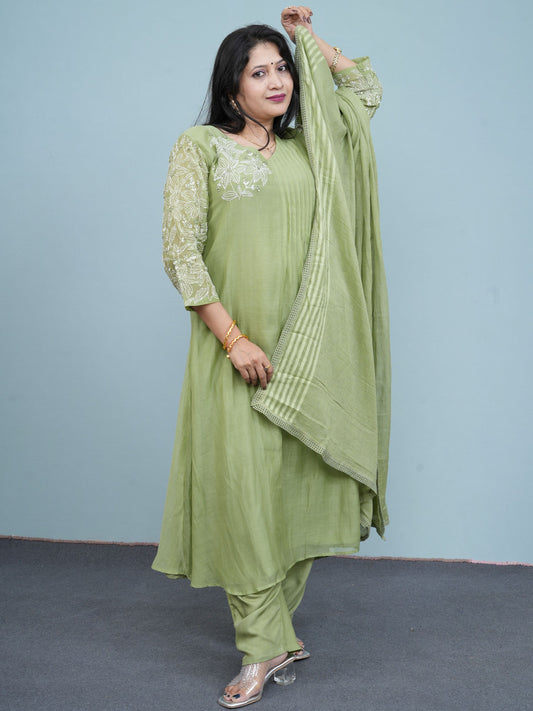 Sage Green Floral Embroidered Suit Set