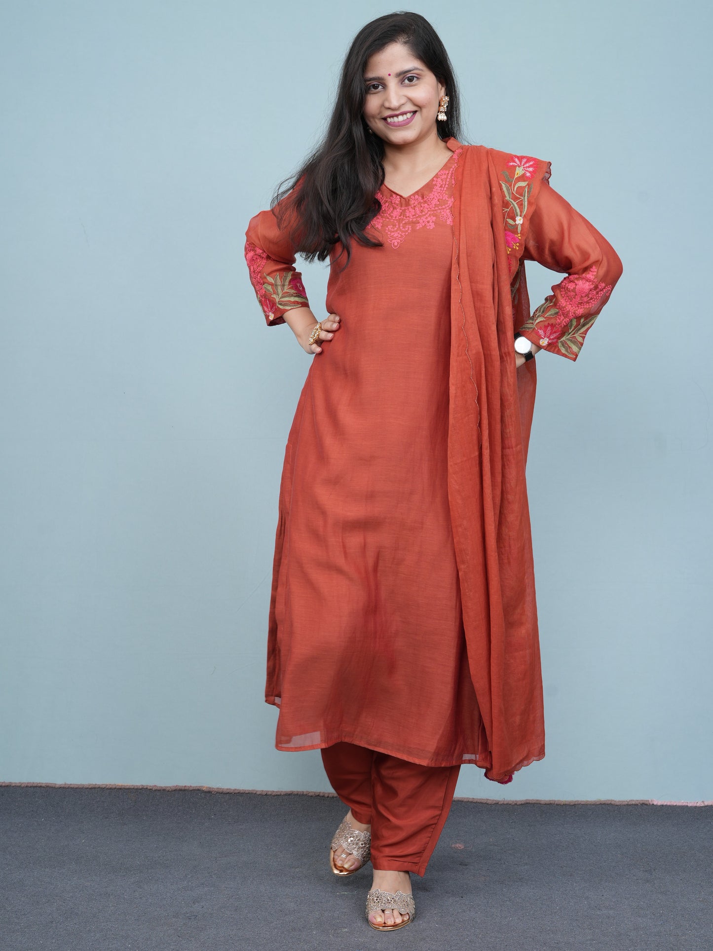 Rust Aura Embroidered Ethnic Wear